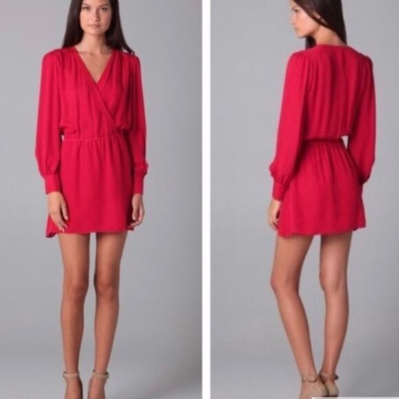 PARKER Silk Long Sleeve Mini Wrap Dress Red S - Picture 3 of 12
